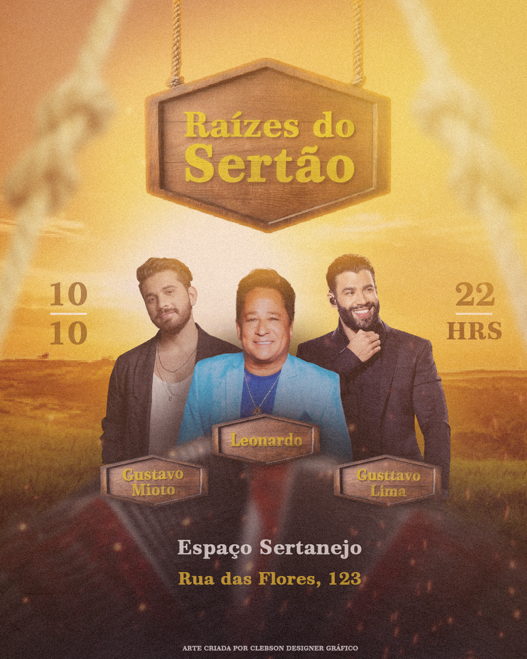 Flyer para show de Gusttavo Lima, Gustavo Mioto e Leonardo